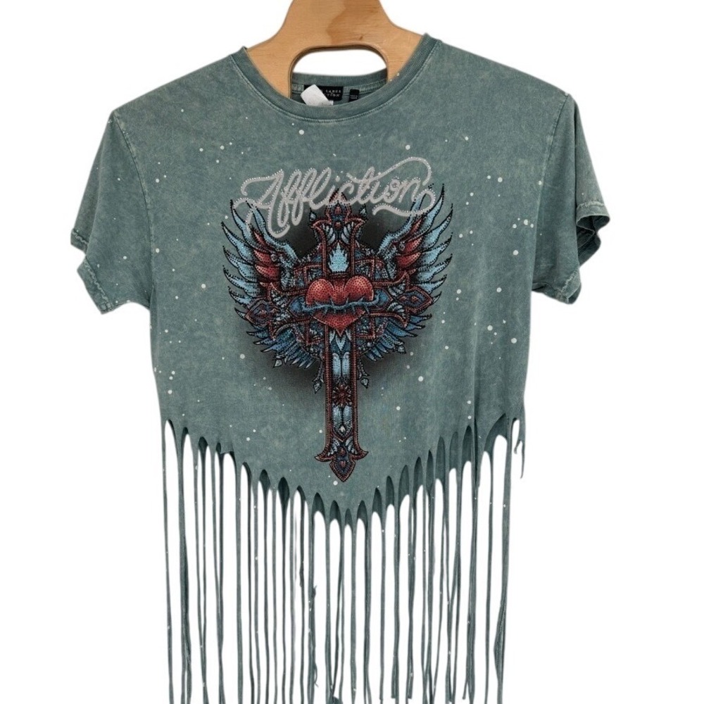 Affliction Women FRINGE Shirt Black Label Sequined Green Cross Oversize NWOT L